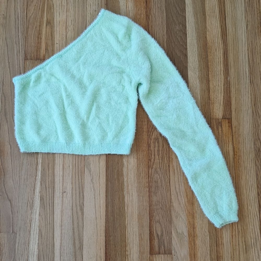 light green pistachio fuzzy sweater one shoulder crop top Redberry NWT